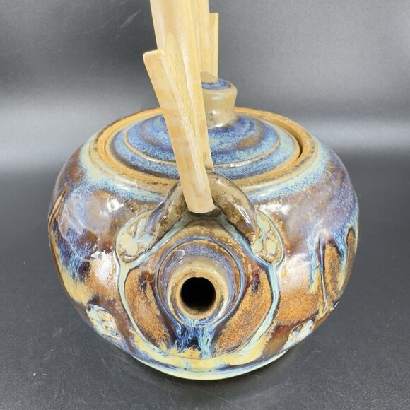 Vintage Pottery Stoneware Teapot Carafe With Wood Handle Drip Glaze Signed Mosia - Picture 7 of 16